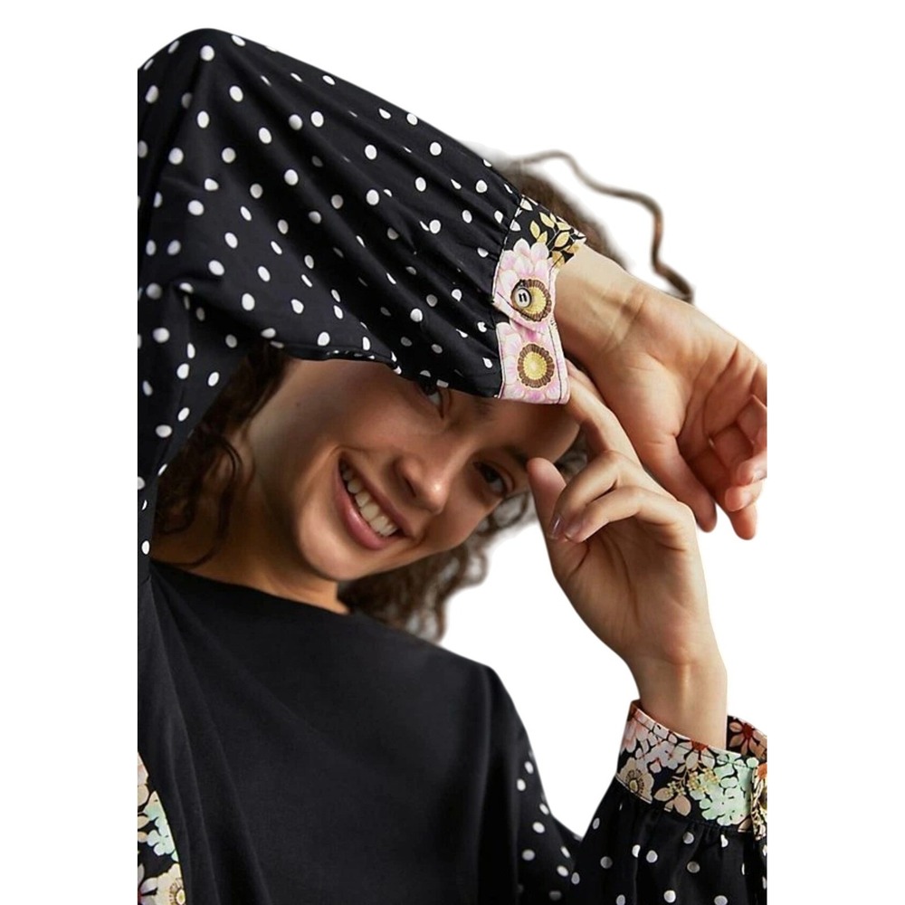 Maeve Anthropologie Mixed Print Top Small Black Floral Polka Dot Button Back - Picture 3 of 13